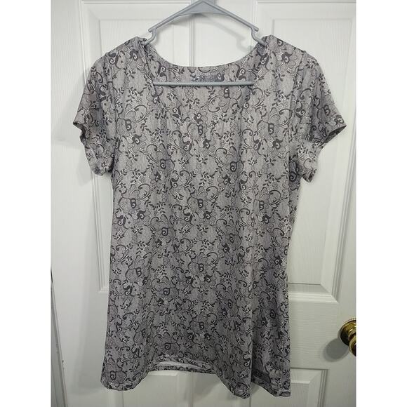 BALI Woman XL Activewear Top Style 8028 Grey Floral Short Sleeve Lined - Picture 1 of 7